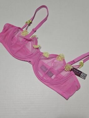 Adore Me Hot Pink Sheer Underwire Bra with Lemon Floral Appliques Size 38B